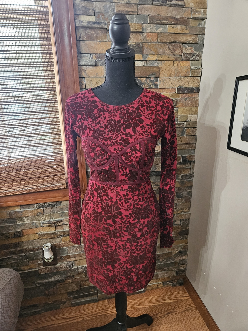 Lulu's Burgundy Floral Long-Sleeve Bodycon Dress
